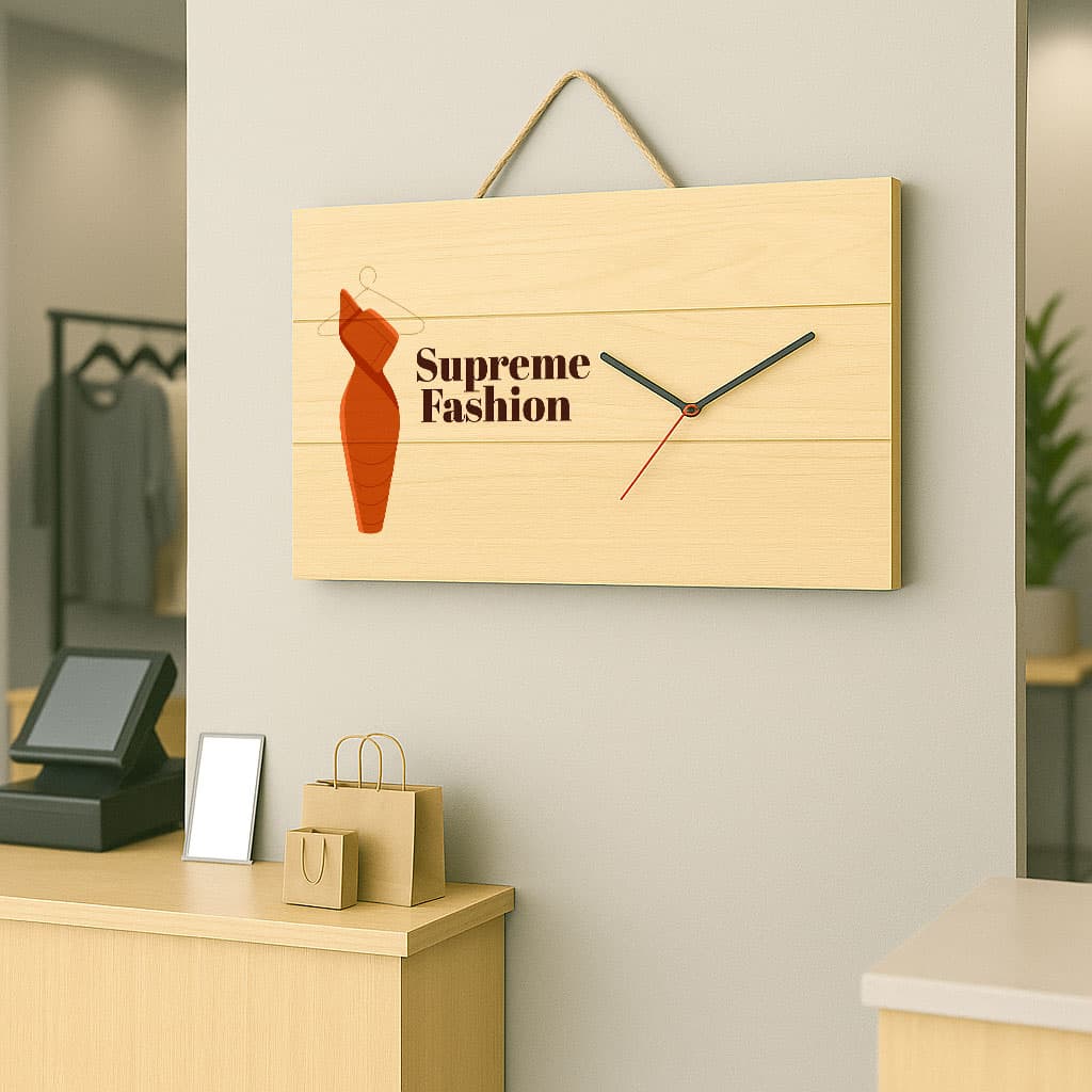 orologio rettangolare su listelli in legno per il ltuo logo