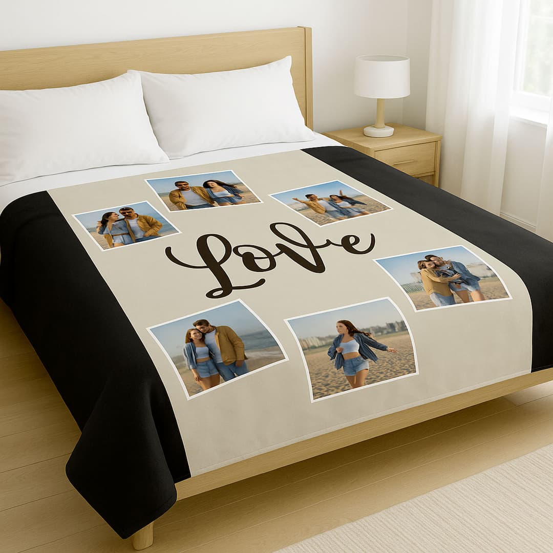 Coperta matrimoniale con fasce laterali nere e grafica collage love per san valentino