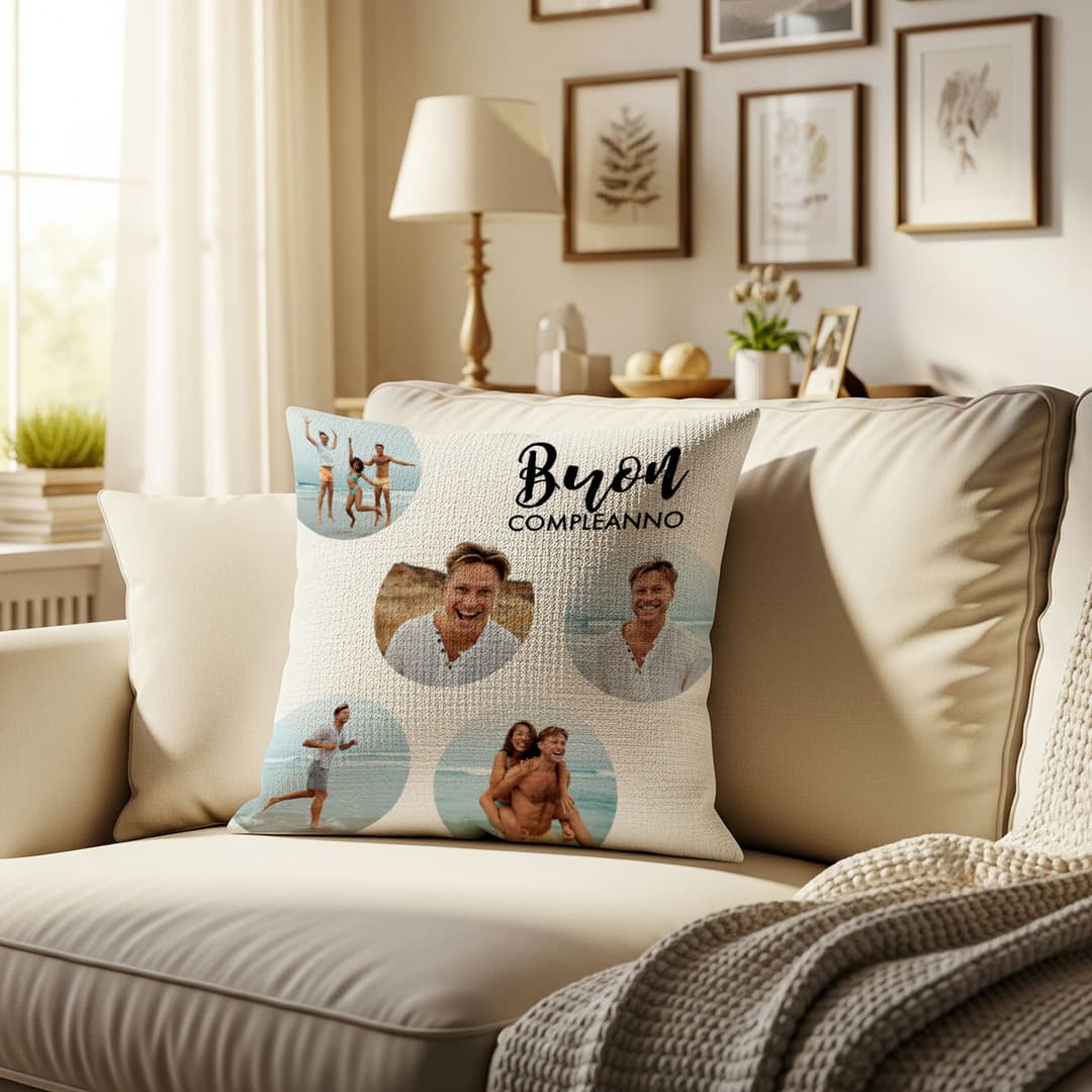Cuscino quadrato in juta con foto e grafica buon compleanno