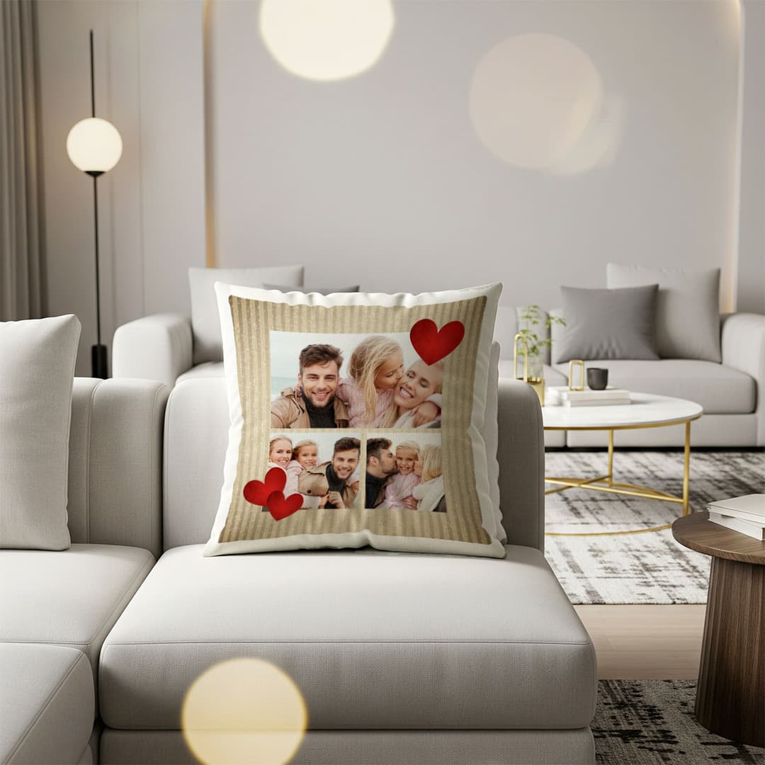 Cuscino in microfibra personalizzato con grafica cuori e foto per arredare la tua casa