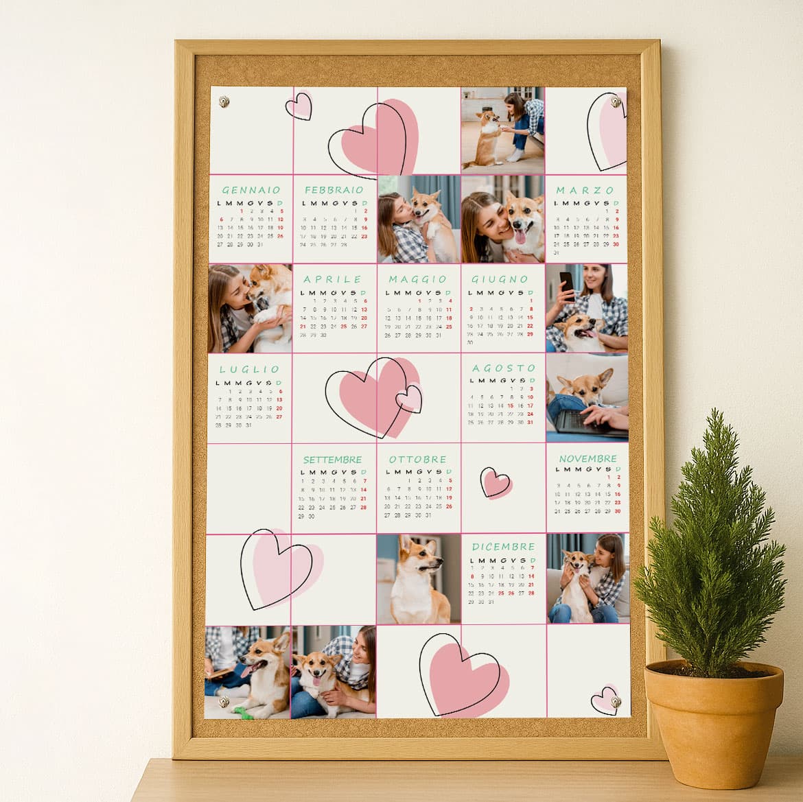 Calendario poster con grafica cuoricini e foto cane